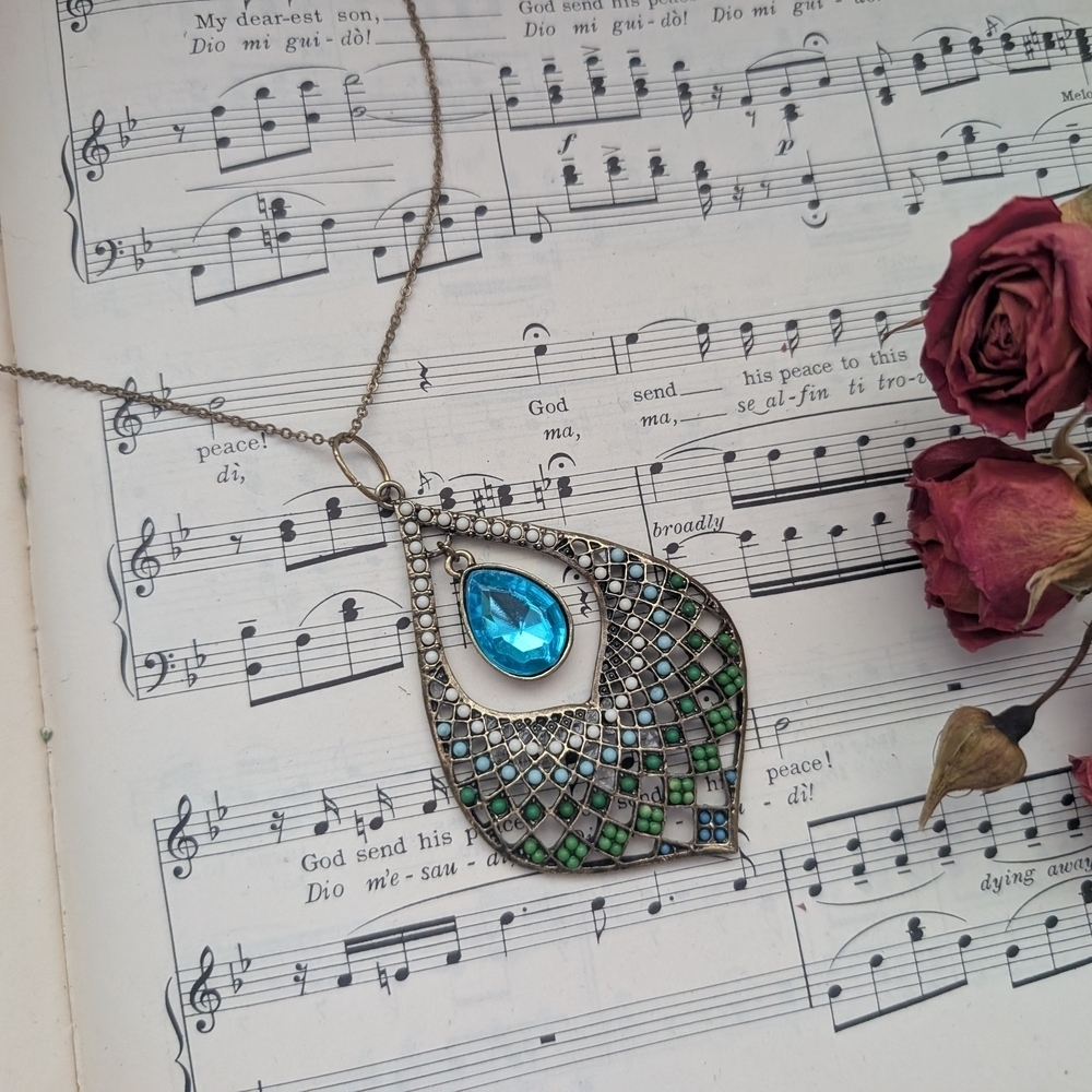 Vintage Blue Pendant Necklace Made In Korea